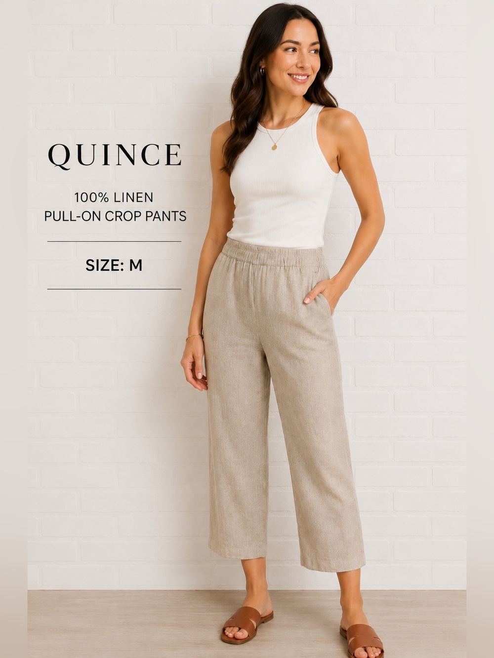 Quince 100% Linen Pull-On Crop Pants Natural Beige designer Cottagecore/ size M